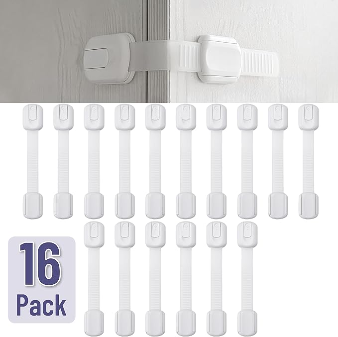 Bates- Child Safety Strap Locks, 16 Pack, White, Baby Cabinet Locks with Adjustable Strap Length