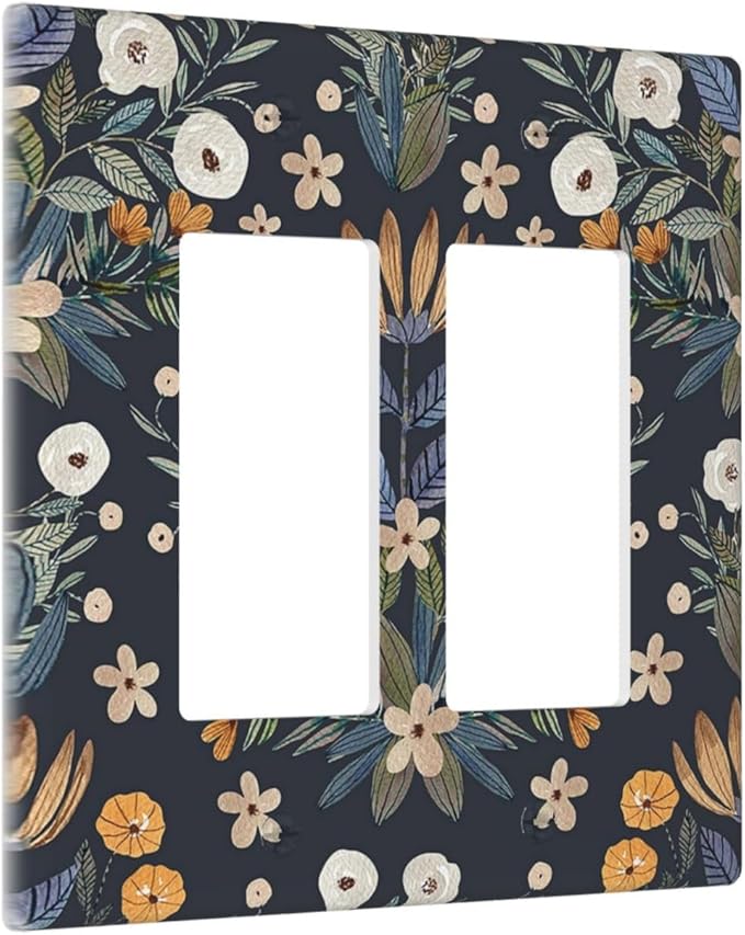 Boho Leaf Floral Navy Blue Background 2 Gang Rocker Decora Light Switch Covers Dual Outlet Covers Wall Plate Decorative Switchplate Electrical Faceplate GFCI for Farmhouse Country Bedroom Decor