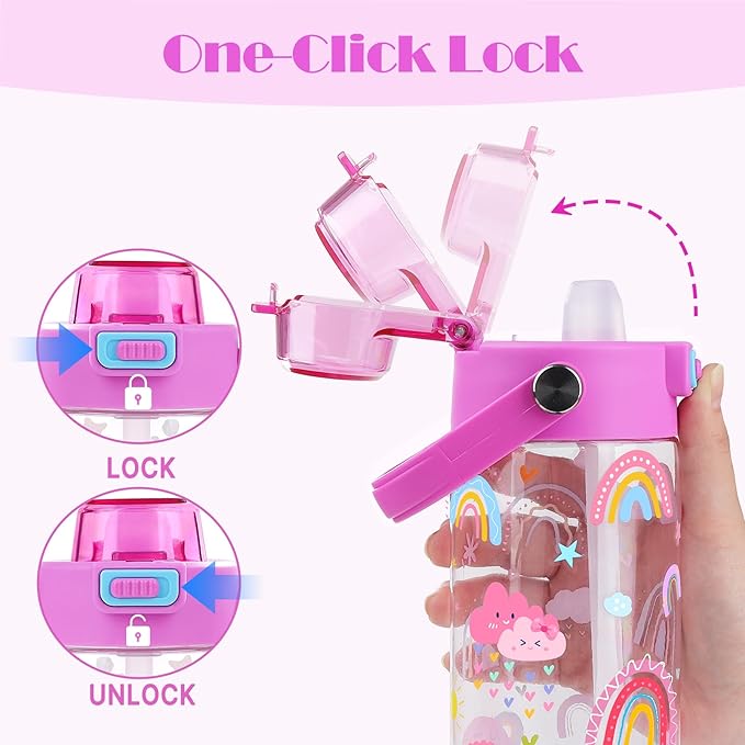 Queenshin Girls Rainbow Water Bottle for School 20oz BPA-Free Tritan Outdoor Kids Sports Water Cup Leak Proof with Straw Lid Handle Pop-Up Spout Cover