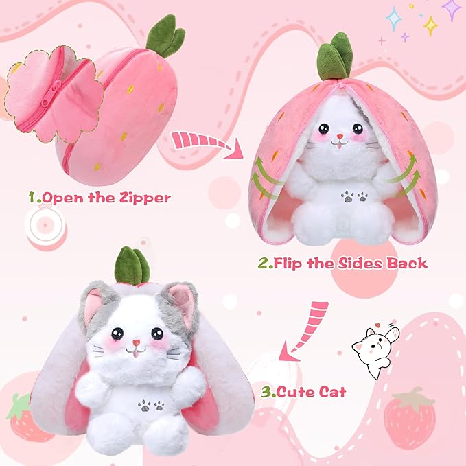 MIAODAM Easter Cat Toys, Stuffed Cat Plush, Kawaii Squishy Cute Strawberry Turn Into Cat Plush, Funny Plushies Toy for Kid & Adult (Strawberry Cat, 11.8inch)
