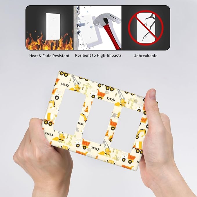Decorative Outlet Covers Construction Vehicle Yellow Trucks Diggers 3 Gang Light Switch Cover Plate Triple Rocker Wall Plates for Electrical Outlets Switch Plate Covers for Home Decor