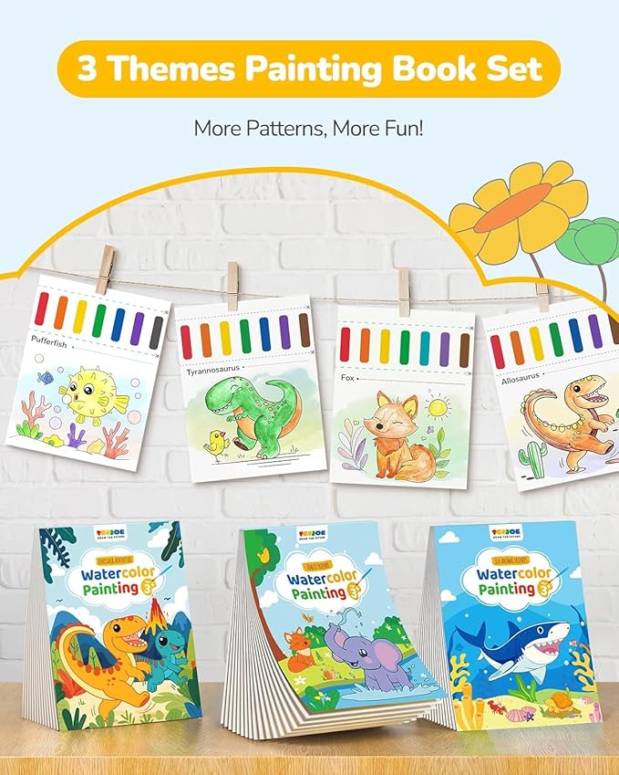 TECJOE 3 Pack Paint with Water Coloring Books for Toddlers, Mess Free Watercolor Painting Set with 6 Brushes, Travel Art Craft Activities Toys Birthday Gifts for Kids Ages 3-8, Dinosaurs, Forest & Sea