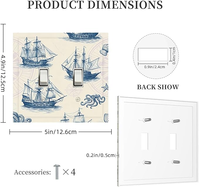 Vintage Nautical Ships Double Toggle Switch Cover - 2-Gang Standard US Size Old World Sailing Vessels Light Switch Covers, Blueprint Design for Beach House Decor