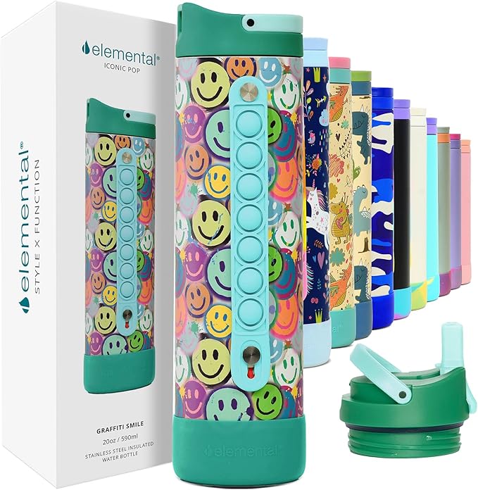 Elemental Iconic Kids Water Bottle for School - 100% Leak-Proof Insulated Water Bottles with Straw Lid & Pop-It Handle for Boys & Girls - Triple-Wall Insulated & BPA-Free, 20oz – Graffiti Smile