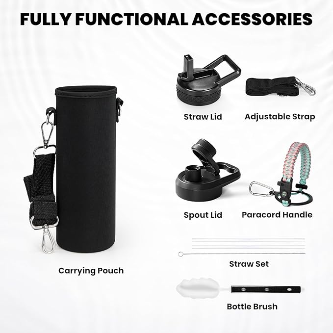 RAYMYLO Insulated Water Bottle 24oz, Triple Wall Vacuum Stainless Steel (Cold for 24Hrs, Hot for 12Hrs), Leak Proof & Non-BPA, 24oz Hydro Water Flask with Paracord Handle & Straw Spout Lids