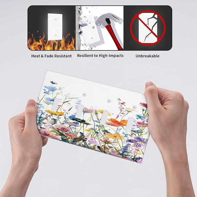 Watercolor Wildflowers Colorful Floral Plant Light Switch Covers Quad Toggle Electrical Faceplate 4 Gang Wall Plate Decorative Switch Plates Cover for Bedroom Living Room Decor