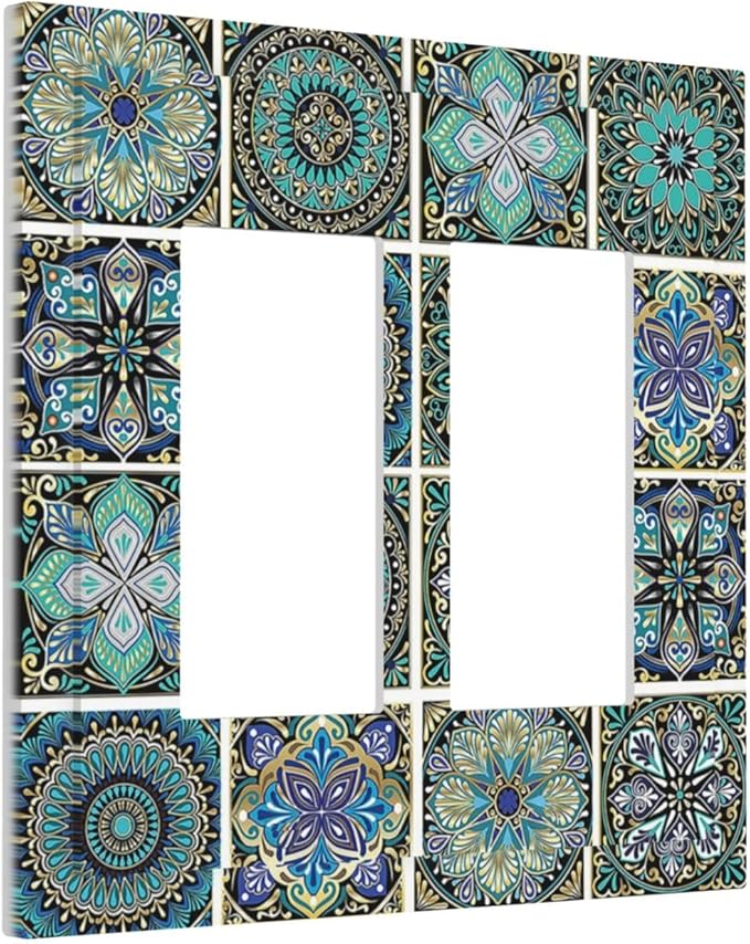Decorative Outlet Covers Mandala Decorative Rustic Vintage Turquoise Pattern 2 Gang Double GFCI Rocker Electrical Wall Panels Light Switch Cover Plate for Bedroom Bathroom Decor