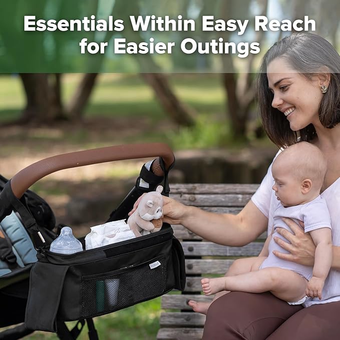 haakaa Universal Stroller Organizer - Black, Single Cup Holder, Stroller Caddy Accessories with Shoulder Strap & Extra Non-Slip Stroller Hook, Fits Most Strollers