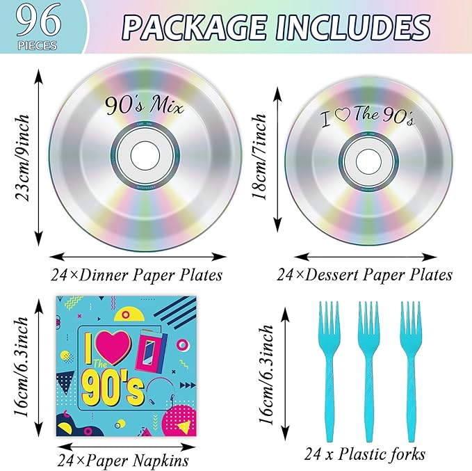 96Pcs 90's Party Paper Plates and Napkins for Retro 90s Theme Birthday Party Supplies 90's Mix CD Themed Paper Dessert Plates I Love The 90s Tableware Set for Men Women 24 Guests Party Decorations