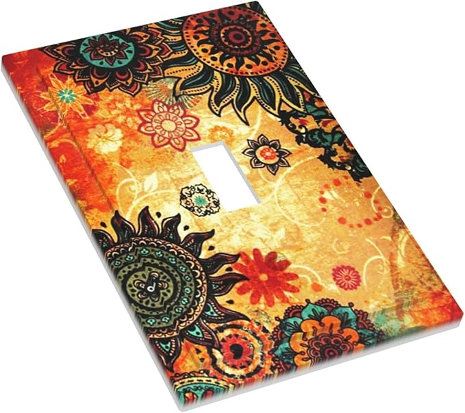 Red Orange Boho Bohemian Flower Floral Single Toggle Light Switch Plate Outlet Cover Decorative One Device Wall Plate 1-Gang Electrical Switch Faceplate