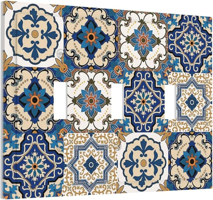 Decorative Switch Plates Mandala Decorative Tile Talavera Moroccan Tiles 3 Gang Wall Plate Faceplate Triple Toggle Light Switch Cover Electrical Wall Panels for Bedroom living Room Decor