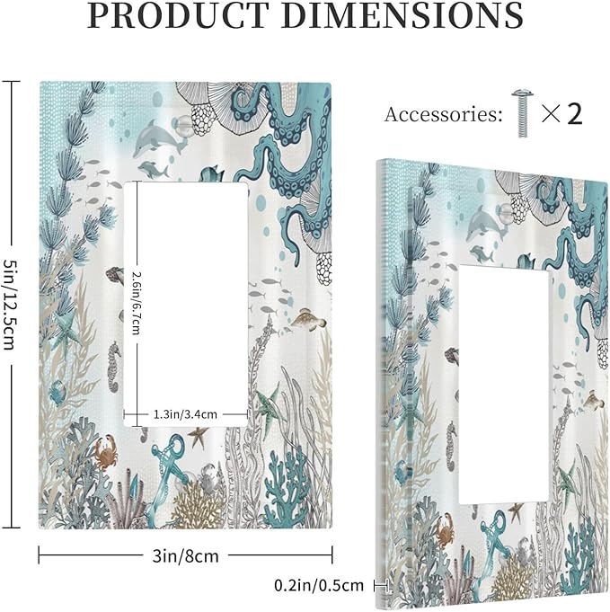 Sea Turtle Octopus Ocean Underwater Animal 1 Gang Rocker Light Switch Covers Decorative Unique Single Decora Outlet Wall Plate Faceplate Switchplate GFCI for Kitchen Bedroom Bathroom Decor