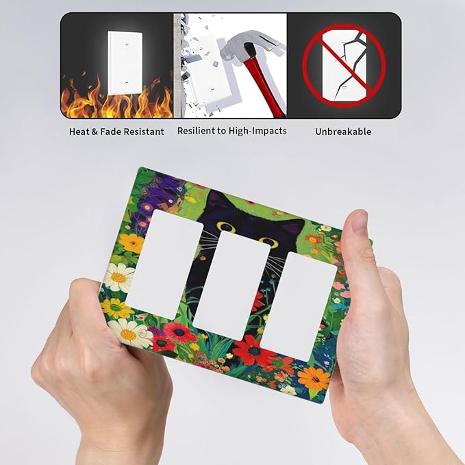 Decorative Art Light Switch Covers BlackCat&Flowers 3 Gang Triple Rocker Outlet Switch plate GFCI Faceplate GFCI for Home Decor