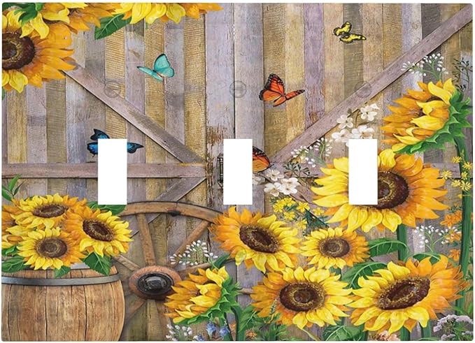Rustic Sunflower Barn Door Country Wood Plank 3 Gang Light Switch Covers Decorative Triple Toggle Wall Plate Electrical Faceplate Switchplate for Farmhouse Bathroom Bedroom Home Decor
