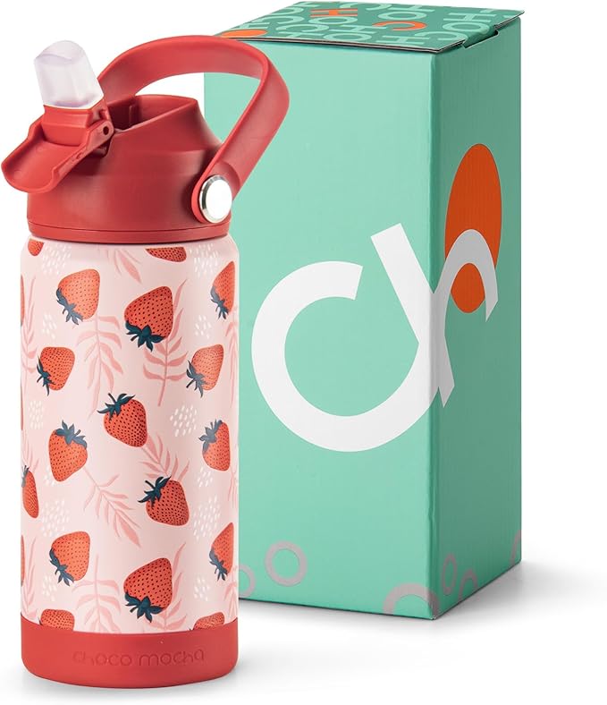 Choco Mocha Kids Water Bottle For School, Kids Insulated Water Bottle Stainless Steel for Girls, 14Oz Red Strawberry