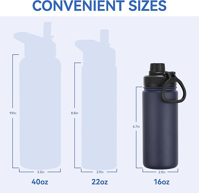 DOMICARE 16 oz Kids Water Bottle for School Stainless Steel Double Wall Vacuum Insulated Water Bottle with Straw lids & Spout Lid, Leakproof BPA Free (Navy,4)