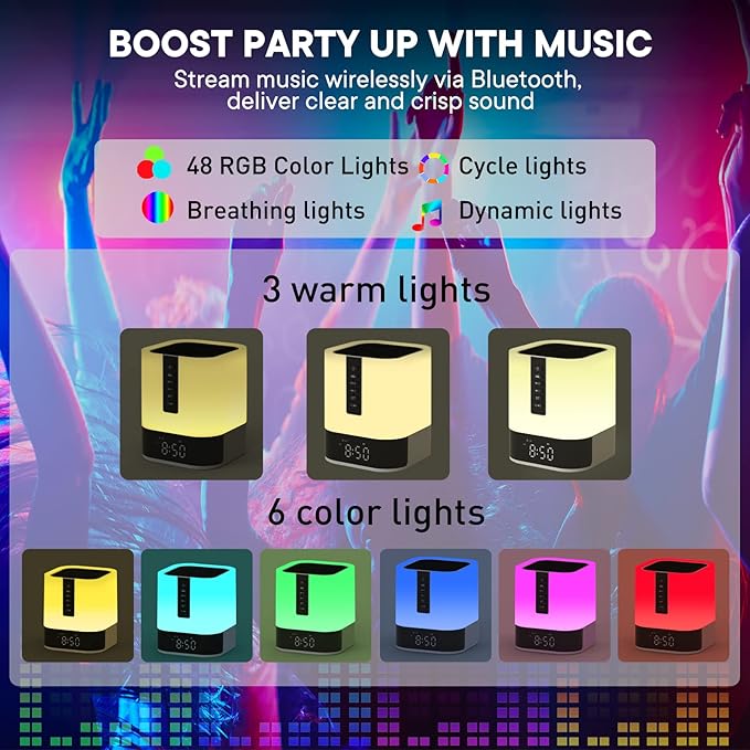 White Noise Sound Machine Alarm Clock with Bluetooth Speaker, 48 Night Light, 16 Soothing Sounds for Baby Adults Sleeping & Kids Bedroom, Bedside Lamp with Clock, Gift Ideas for Teenage Boys Girls