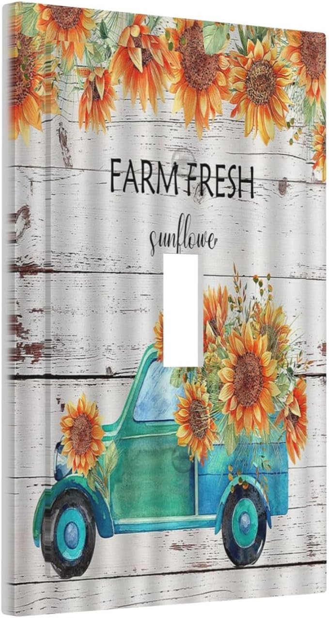 Decorative Switch Plate Covers Teal Farm Truck Pulling Sunflowers 1 Gang Wall Plate Single Toggle Light Switch Cover Plate Jumbo Electrical Switchplate Receptacle Faceplate for Farmhouse
