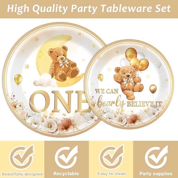 96Pcs Beary First Birthday Decorations Plates Sets, 1st Teddy Bear Paper Plates Napkins for Boy ONE Bear Tableware for 1st Birthday Party Supplies (24 Guests)