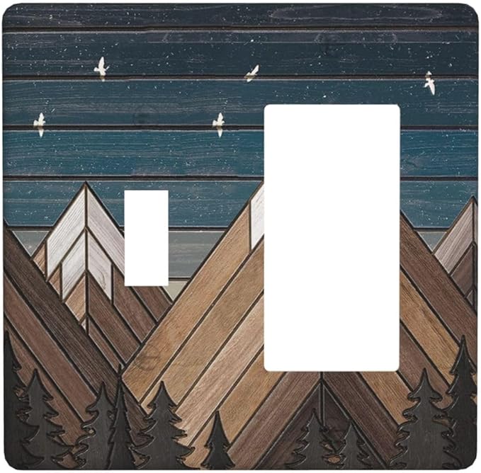 Rustic Geometric Mountain Wilderness Wood 2 Gang Toggle Rocker Combo Wall Plates Decorative GFCI Device Outlet Cover Receptacle Electrical Faceplate Switchplate for Bedroom Bathroom Kitchen Decor