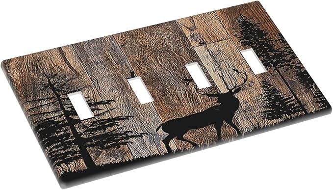 Light Switch Covers Rustic Forest Antler Elk Deer Silhouettes Animals Wood Grain Quad Toggle 4 Gang Wall Plate Electrical Faceplate Decorative Switch Plates for Farmhouse Home Decor