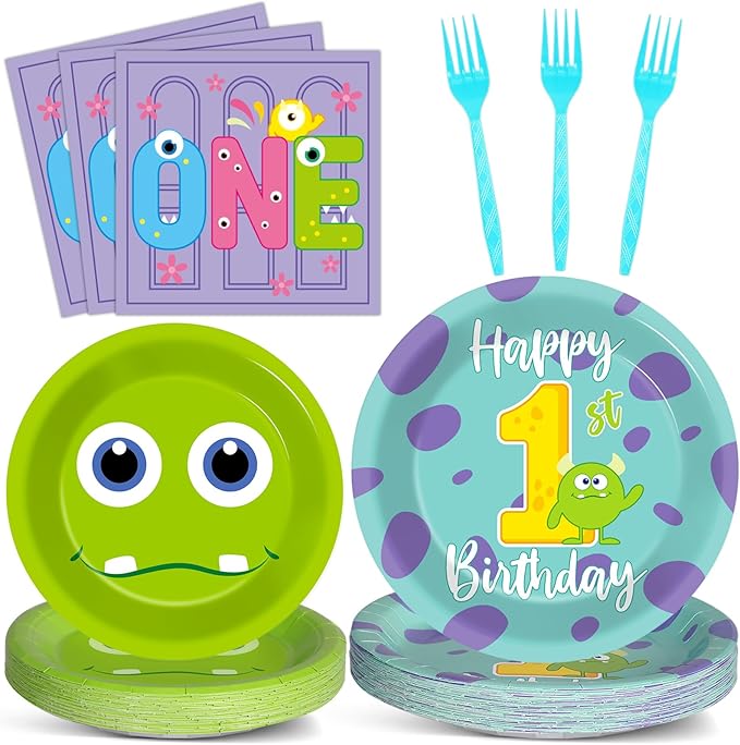 96Pcs Monster 1st Birthday Party Plates and Napkins Happy Monster 1st Theme Decor Monster Baby Shower Disposable Dessert Cake Plates One Year Old Tableware Set for First Birthday 24 Guests