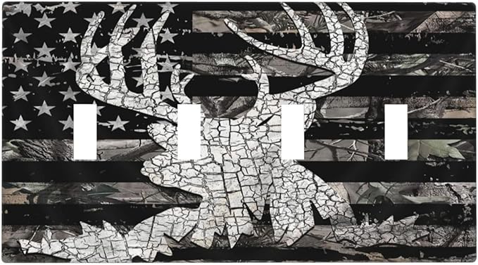 American Flag Forest Antler Deer Elk 4 Gang Device Light Switch Cover Decorative Quad Toggle Wall Plate Decorative Electrical Faceplate for Home Bedroom Art Decorate