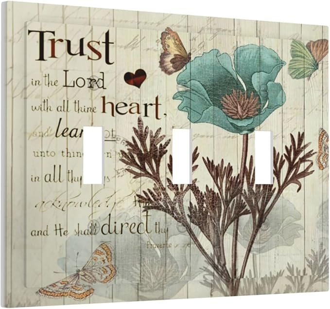 Rustic Elegant Teal Tulip Bible Inspirational Quote Decorative Switch Plates 3 Gang Wall Plate Triple Toggle Light Switch Cover Faceplate Electrical Wall Panels for Farmhouse Bedroom Decor