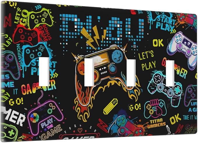 Gamer Video Game Themed Cool Controller Print Light Switch Covers Quad Toggle Electrical Faceplate 4 Gang Wall Plate Decorative Switch Plates Cover for Kids Room Office Decor