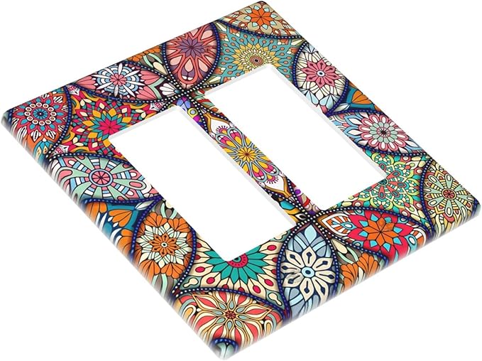 Bohemian Double Rocker Wall Plate Decorative 2 Gang Light Switch Cover colorful Vintage Floral Mandala Flower Gfci Electrical Switchplate Home for Bathroom Bedroom Kitchen Decor 4.6"X4.5"