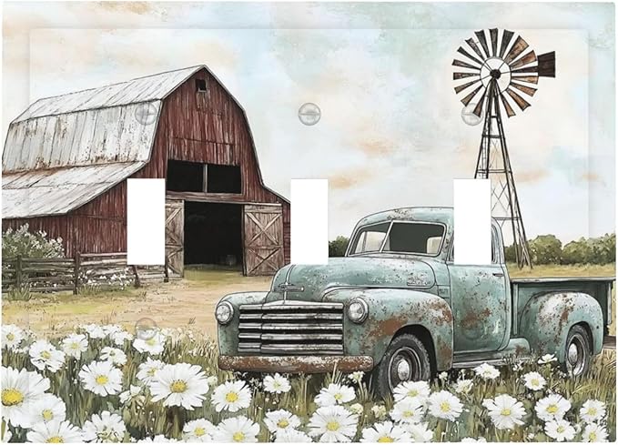 Retro Trucks Old Barn Windmill Teal Car Rustic Decorative Switch Plates 3 Gang Wall Plate Triple Toggle Light Switch Cover Faceplate Electrical Wall Panels for Farmhouse Home Decor