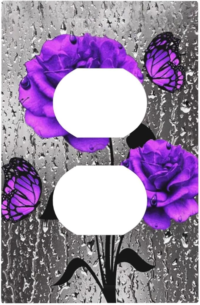 Purple Rose Butterfly Print 1 Gang Duplex Wall Plate Receptacle Outlet Covers Romantic Blossom Flowers Floral Raindrops Art Decorative Electrical Dual Device Light Switch Plug Socket Faceplate Cover