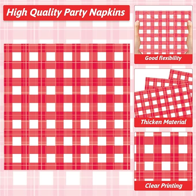 Naozinebi 200pcs Red and White Plates Napkins Checkered Plaid Paper Tableware Set Cake Dessert Disposable Dinnerware Spring Picnic Party Decoration for Baby Shower Birthday Decor Supplies Serves 50