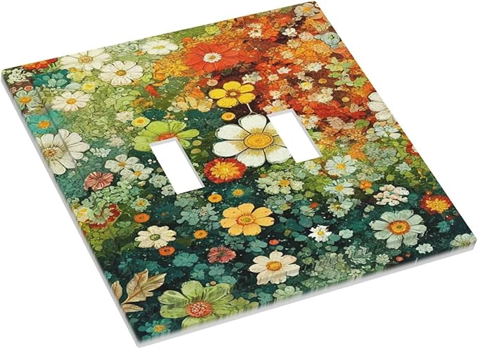 Light Switch Cover Plate Colorful Flowers Green Plants Meadow Floral 2 Gang Double Toggle Decorative Switch Plates Wall Plates Electrical Faceplate for Bathroom Bedroom Decor