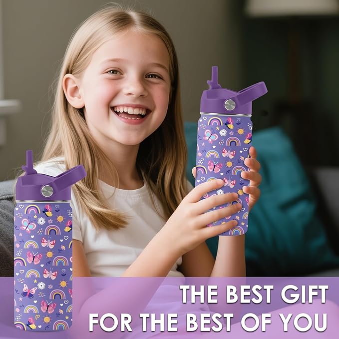 Butterfly Gifts - 16oz Purple Kids Water Bottle with Straw Lid, Stainless Steel Insulated Tumbler, Leakproof, BPA-Free, for Girls, School, Travel - Butterfly Rainbow Themed Birthday Gift Cup (1pc)