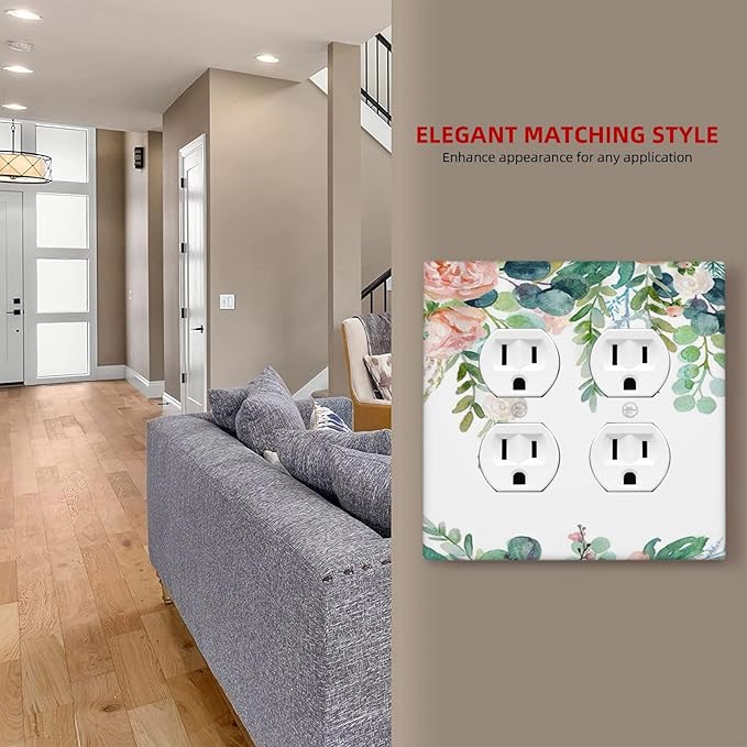 Green Eucalyptus Leaves Floral Watercolor Flower Outlet Covers 2 Gang Double Duplex Decorative Light Switch Covers Electrical Wallplates Socket Faceplate for Bed Room Living Room Decor