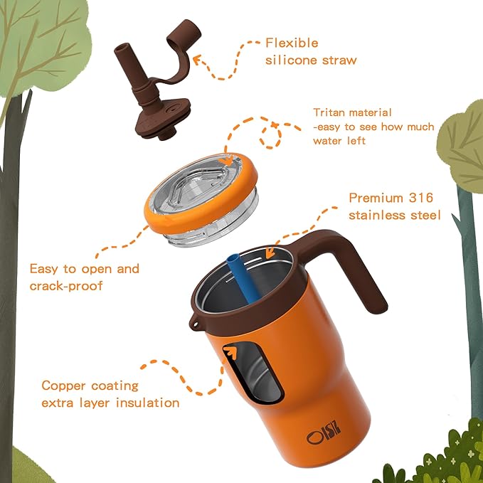OISIZ 14oz Kids Tumbler with Straw Lid & Handle,Kids Cup with Animal Accessory for School,Kids Water Bottles with Dust-proof Cover,Leakproof Water Bottles,316 Stainless Steel,Keep Cold 24 Hours-orange