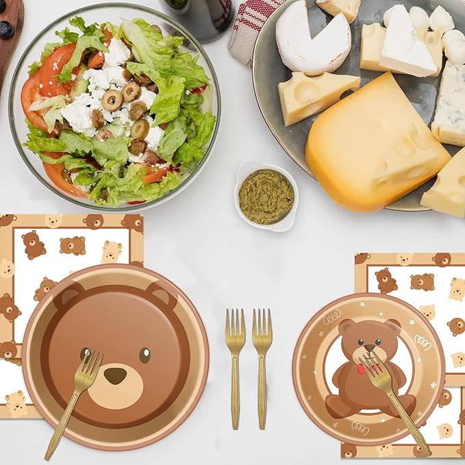 96 Pcs Bear Baby Shower Party Plates Decorations We Can Bearly Wait Baby Tableware Bear Theme Dessert Teddy Plates Napkins Supplies for Gender Reveal Boy Girl Baby Shower Birthday Party Serve 24