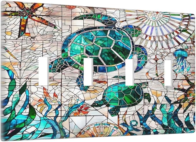Hawaii Nautical Beach Decorative 4-Gang Quad Toggle Light Switch Wall Plate Cover, Sea Green/Blue Ocean Turtle Mosaic Ceramics Quadruple Toggle Device Switches Wall Plate Outlet Covers Standard Size