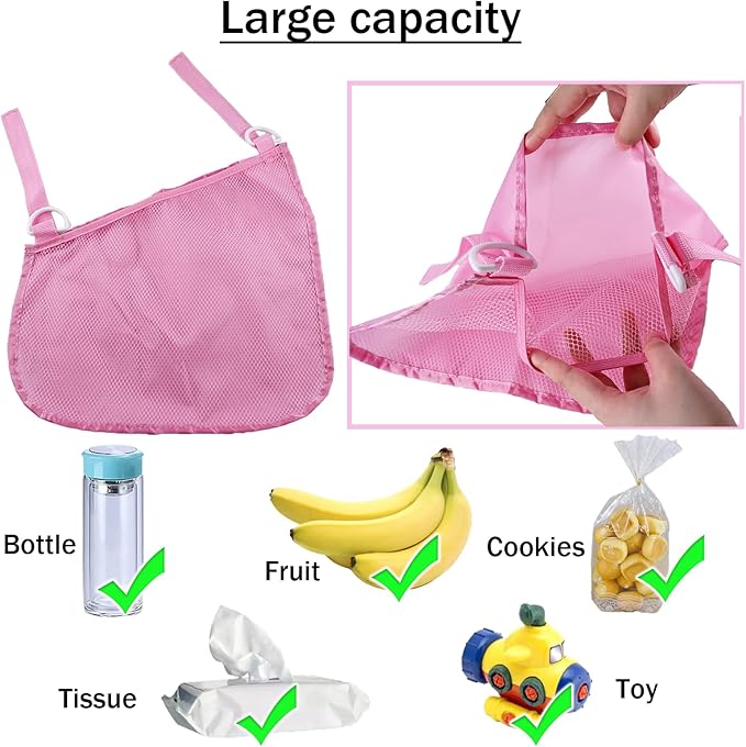 2PCS Universal Side Sling Stroller Cargo Net,Portable Storage Mesh Bag,Stroller Storage Organizer Bag,Non-Slip and Adjustable Straps Side Sling Mesh Organizer(Pink)