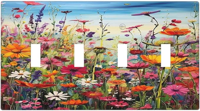 Colorful Wildflowers Painting Floral Flower Light Switch Covers Quad Toggle Electrical Faceplate 4 Gang Wall Plate Decorative Switch Plates Cover for Bedroom Living Room Decor