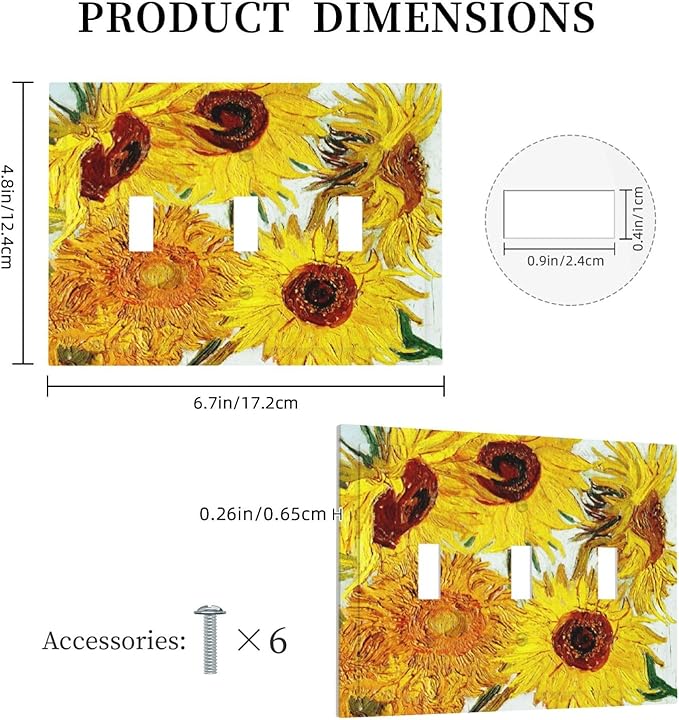 Rustic Sunflower Oil Painting Vintage Flowers Decorative Switch Plates 3 Gang Wall Plate Triple Toggle Light Switch Cover Faceplate Electrical Wall Panels for Bed Room Living Room Decor