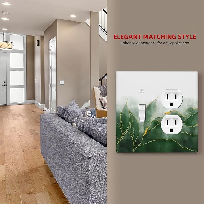 Outlet Covers Green Gold Leaf Marble Modern Abstract 2 Gang Decorative Switch Plates 1 Toggle Duplex Combo Light Switch Cover GFCI Socket Cover WallPlates for Kitchen Bathroom Decor