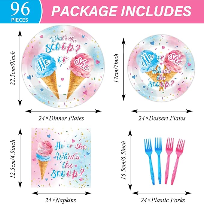 96PCS Ice Cream Gender Reveal Party Paper Tableware What's the Scoop Gender Reveal Plates Party Supplies for Summer Ice Cream Theme He or She Boy or Girl Baby Shower Dinnerware Plates Napkins Forks