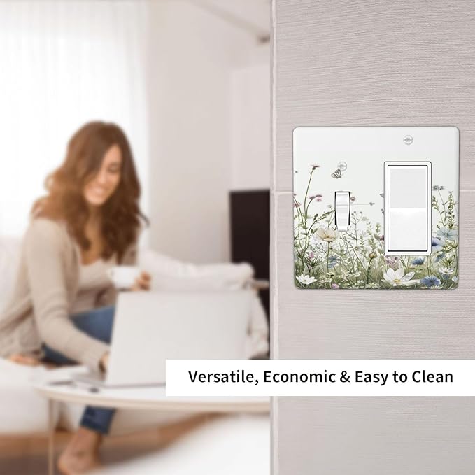 Colorful Wildflowers Daisy Plant Butterfly Floral Outlet Covers 1 Toggle 1 Rocker Combination Decorative Wall Plate Electrical Switch Plates Light Switch Cover Plate for Bed Room Living Room Decor