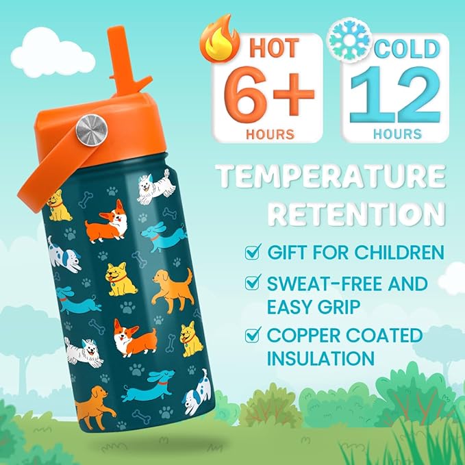 SANDJEST Puppy Water Bottle - Kids Water Bottle with Straw Lid - 12 Oz Insulated Stainless Steel Water Bottles for Kid Boys Girls - Travel Cup for School Sports