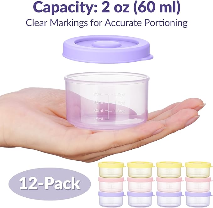 NiHome 12-Pack 2oz Plastic Containers with Lids, BPA-Free Snack & Baby Food Storage Cups, Leak-Resistant, Stackable, Microwave & Freezer Safe, Measurement Marks for Portion Control (3 Macaron Colors)