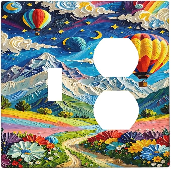 Hot Air Balloons Floral Vibrant Colors Flowers Mountains Stars Moon Wallplates 1 Toggle 1 Duplex Electrical Gfci Faceplate Decorative Light Switch Covers Switch Plate for Bedroom Kids Room Decor
