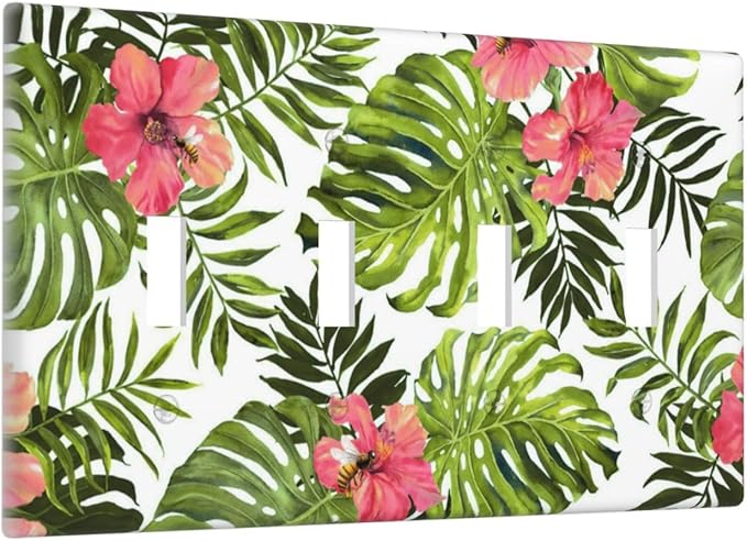 Tropical Plant Green Palm Quad Toggle Wall Plate Covers Decorative 4-Gang Wall Plates Banana Leaves Pink Flower Rainfores Jungle Botanical Electrical Switchplate for Bathroom Bedroom Kitchen Decor
