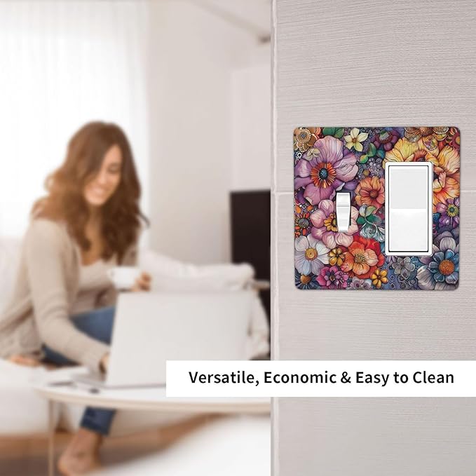 Outlet Covers Colorful Bohemian Flowers Vintage Boho Floral 1 Toggle 1 Rocker Combination Decorative Wall Plate Electrical Switch Plates Light Switch Cover Plate for Bed Room living Room